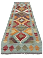 Tappeto Passatoia Geometrico 188x64 cm in Lana – Fatto a Mano con Motivo a Rombi Multicolore