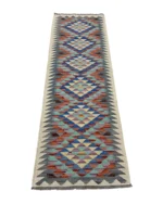 Tappeto Geometrico Orientale Rettangolare 192x65 cm – Fatto a Mano in Lana e Cotone, Design Multicolore Blu Arancione Beige - immagine 5