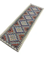 Tappeto Geometrico Orientale Rettangolare 192x65 cm – Fatto a Mano in Lana e Cotone, Design Multicolore Blu Arancione Beige - immagine 4