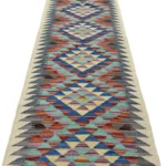 Tappeto Geometrico Orientale Rettangolare 192x65 cm – Fatto a Mano in Lana e Cotone, Design Multicolore Blu Arancione Beige