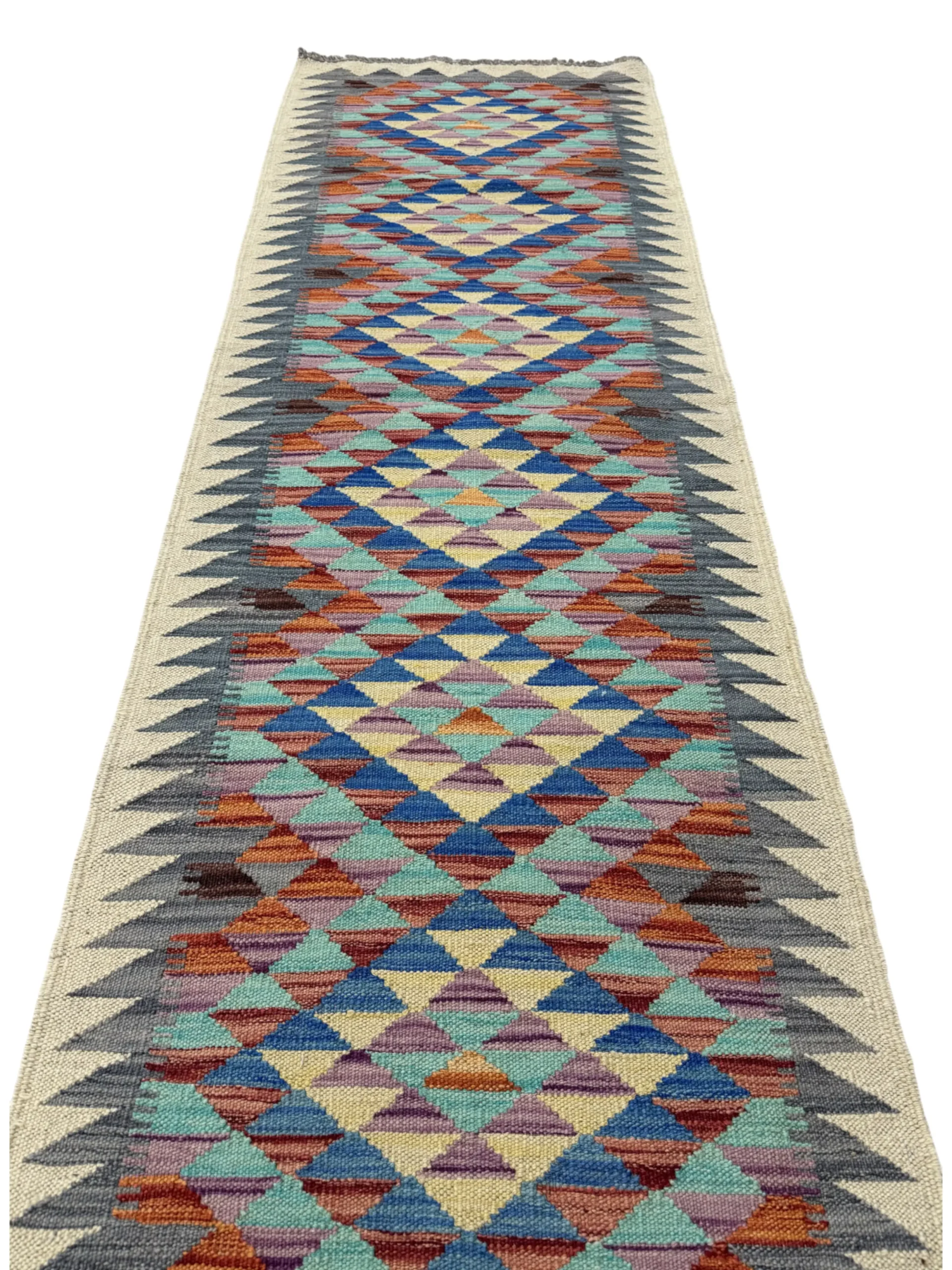 Tappeto Kilim 192x65cm 6 137 (3) Tappeto Geometrico Orientale Rettangolare 192x65 cm – Fatto a Mano in Lana e Cotone, Design Multicolore Blu Arancione Beige - immagine 1