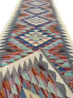 Tappeto Geometrico Orientale Rettangolare 192x65 cm – Fatto a Mano in Lana e Cotone, Design Multicolore Blu Arancione Beige - immagine 2