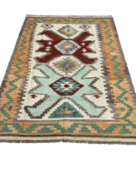 Tappeto Kilim Geometrico 196x145 cm Arancione e Verde – Fatto a Mano, Stile Etnico