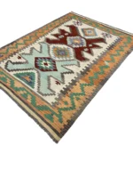 Tappeto Kilim Geometrico 196x145 cm Arancione e Verde – Fatto a Mano, Stile Etnico - immagine 6
