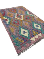 Tappeto Kilim 128x88 cm Artigianale Multicolore in Lana – Design Geometrico - immagine 5