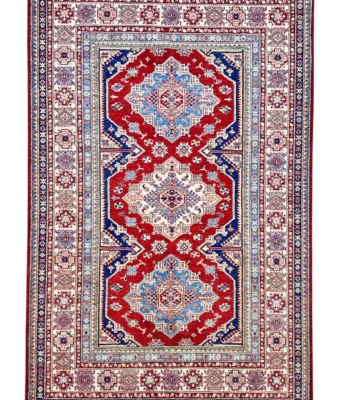 Tappeto Kazak Extra Persiano 267x175 cm rosso e blu con tre medaglioni geometrici