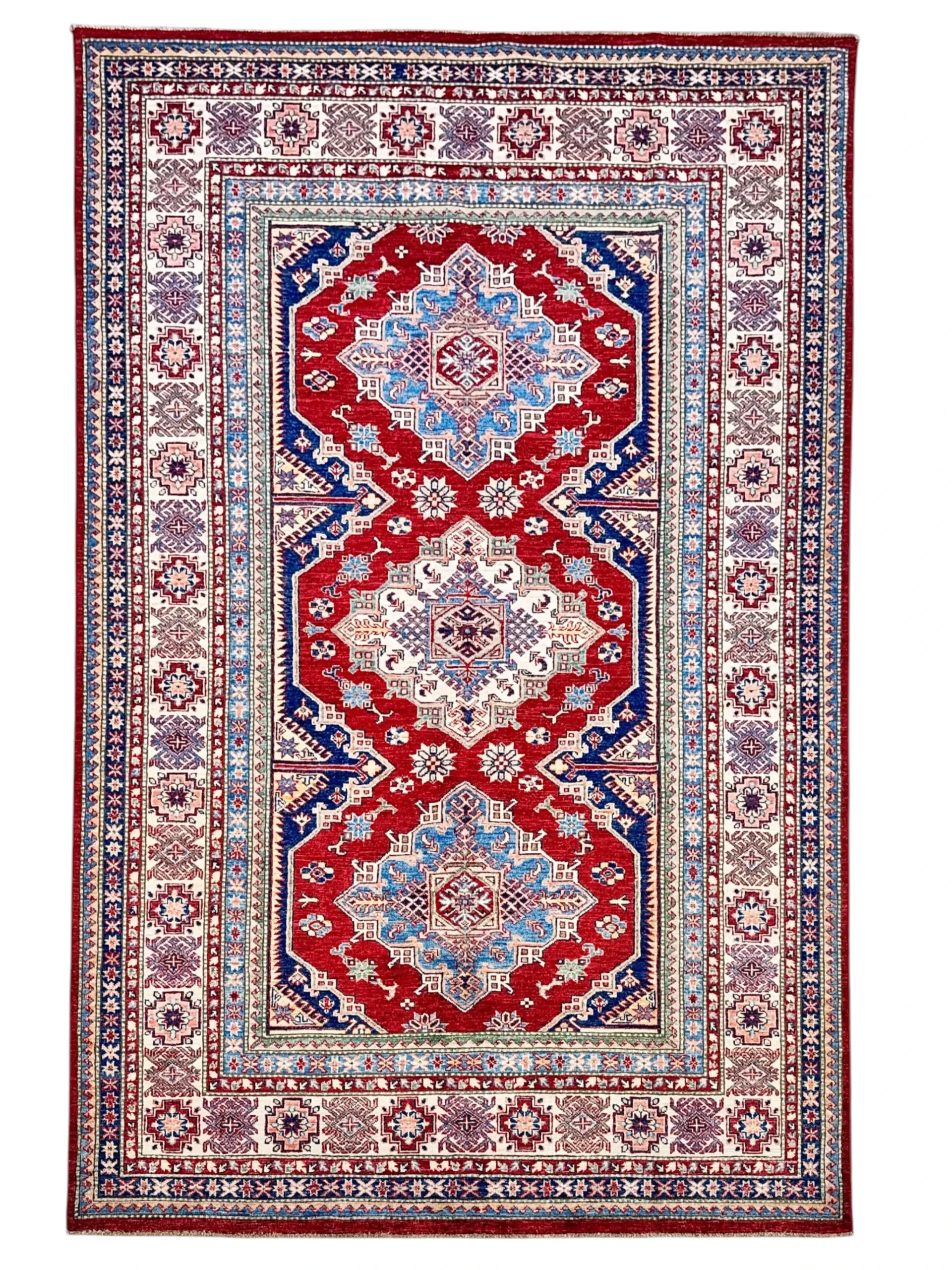 Tappeto Kazak Extra Persiano 267x175 cm rosso e blu con tre medaglioni geometrici