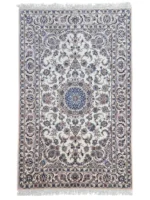 Tappeto Nain 9 Fili Persiano 251x162 cm crema con medaglione centrale blu e motivi floreali