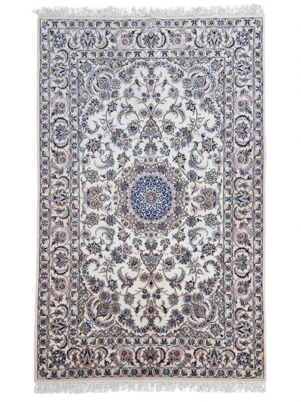 Tappeto Nain 9 Fili Persiano 251x162 cm crema con medaglione centrale blu e motivi floreali