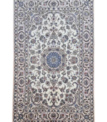 Tappeto Nain 9 Fili Persiano 251x162 cm crema con medaglione centrale blu e motivi floreali
