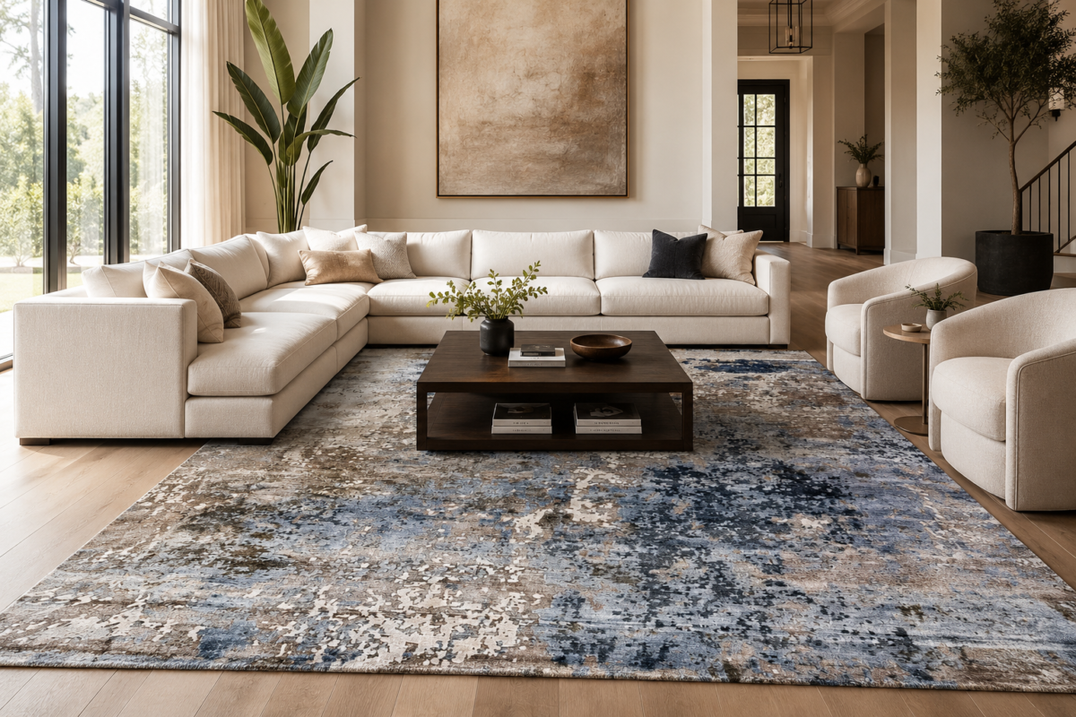 Tappeto Decor bambù e seta astratto 240x170 cm nei toni blu, marrone, tortora e avorio su sfondo bianco