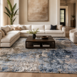 Tappeto Decor bambù e seta astratto 240x170 cm nei toni blu, marrone, tortora e avorio su sfondo bianco