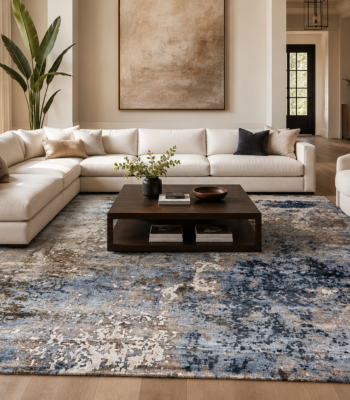 Tappeto Decor bambù e seta astratto 240x170 cm nei toni blu, marrone, tortora e avorio su sfondo bianco