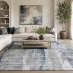 Tappeto Decor bambù e seta astratto 240x170 cm con fasce verticali nei toni blu, grigio e beige su sfondo bianco
