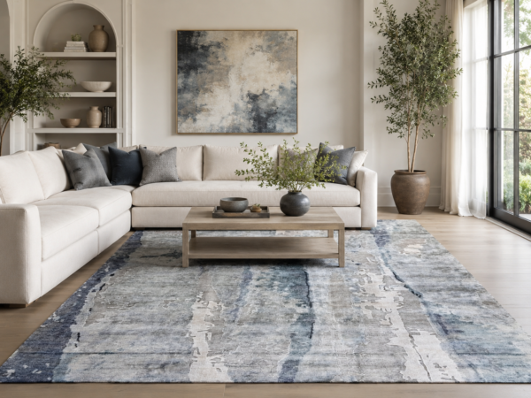 Tappeto Decor bambù e seta astratto 240x170 cm con fasce verticali nei toni blu, grigio e beige su sfondo bianco
