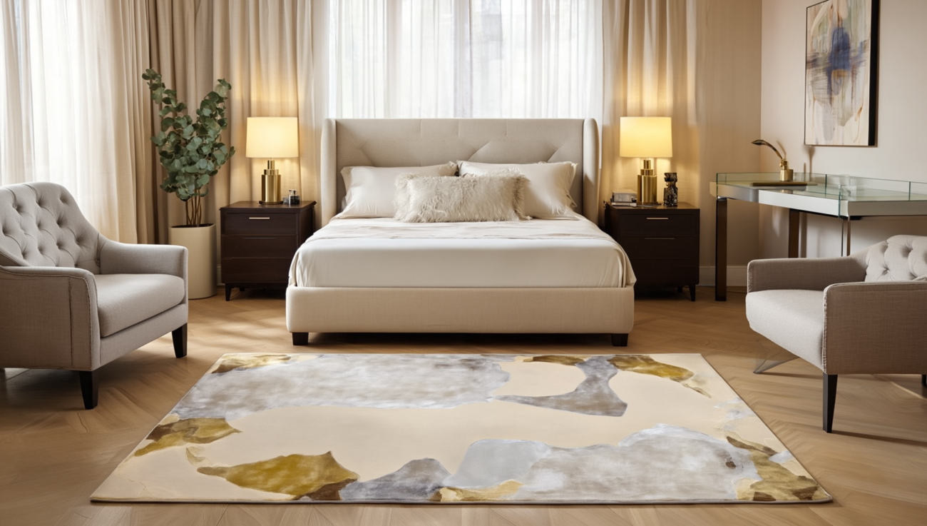 Tappeto decor bambù e seta 240x170 cm con motivo astratto beige, crema, grigio e dettagli ocra