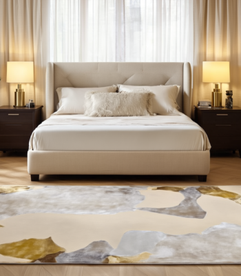 Tappeto decor bambù e seta 240x170 cm con motivo astratto beige, crema, grigio e dettagli ocra