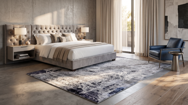 Tappeto decor bambù e seta 240x170 cm con motivo astratto nei colori bianco ghiaccio, grigio antracite e blu navy