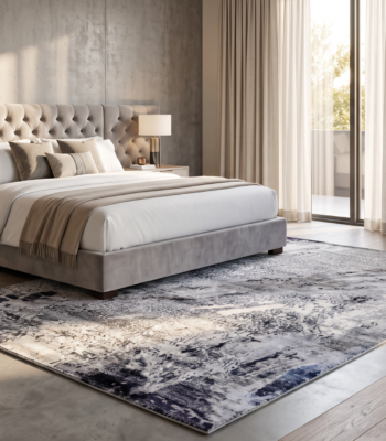 Tappeto decor bambù e seta 240x170 cm con motivo astratto nei colori bianco ghiaccio, grigio antracite e blu navy
