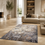 Tappeto Decor Bambu Silk rettangolare 240x170 cm con motivo astratto organico nei toni grigio antracite, tortora, beige sabbia e bianco crema