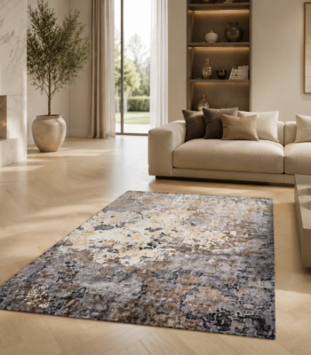 Tappeto Decor Bambu Silk rettangolare 240x170 cm con motivo astratto organico nei toni grigio antracite, tortora, beige sabbia e bianco crema