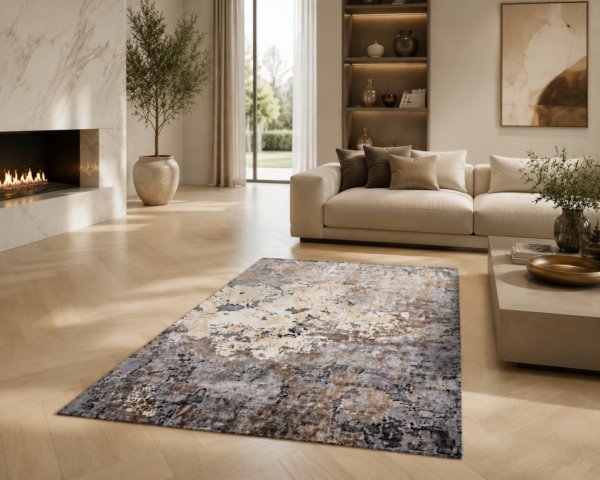 Tappeto Decor Bambu Silk rettangolare 240x170 cm con motivo astratto organico nei toni grigio antracite, tortora, beige sabbia e bianco crema