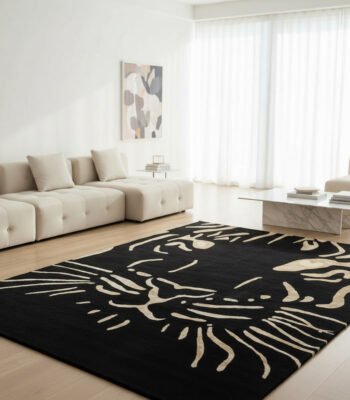Tappeto decor bambu silk tigre 350x250 cm rettangolare con volto di tigre beige e oro su sfondo nero
