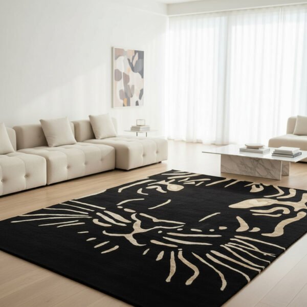 Tappeto decor bambu silk tigre 350x250 cm rettangolare con volto di tigre beige e oro su sfondo nero