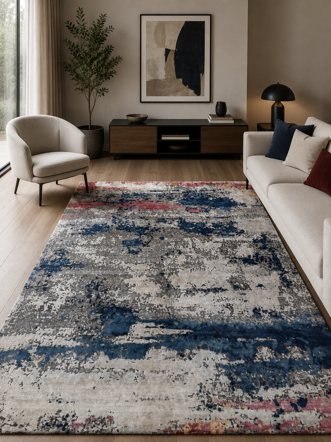 Tappeto Decor Bambu Seta 300x200 cm Tappeto Decor Bambu Seta 300x200 cm rettangolare con motivo astratto blu, grigio, avorio e rosa