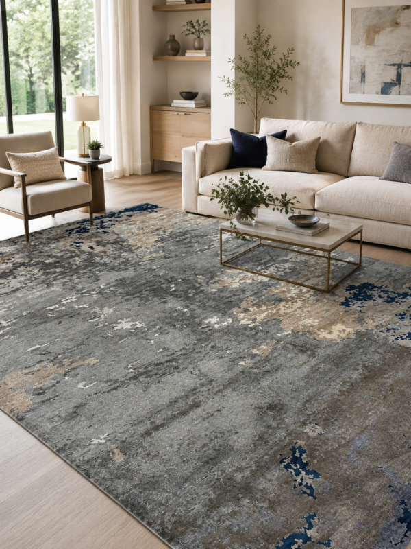 Tappeto Decor Bambu Seta 300x201 cm rettangolare con motivo astratto grigio, beige, avorio e blu scuro