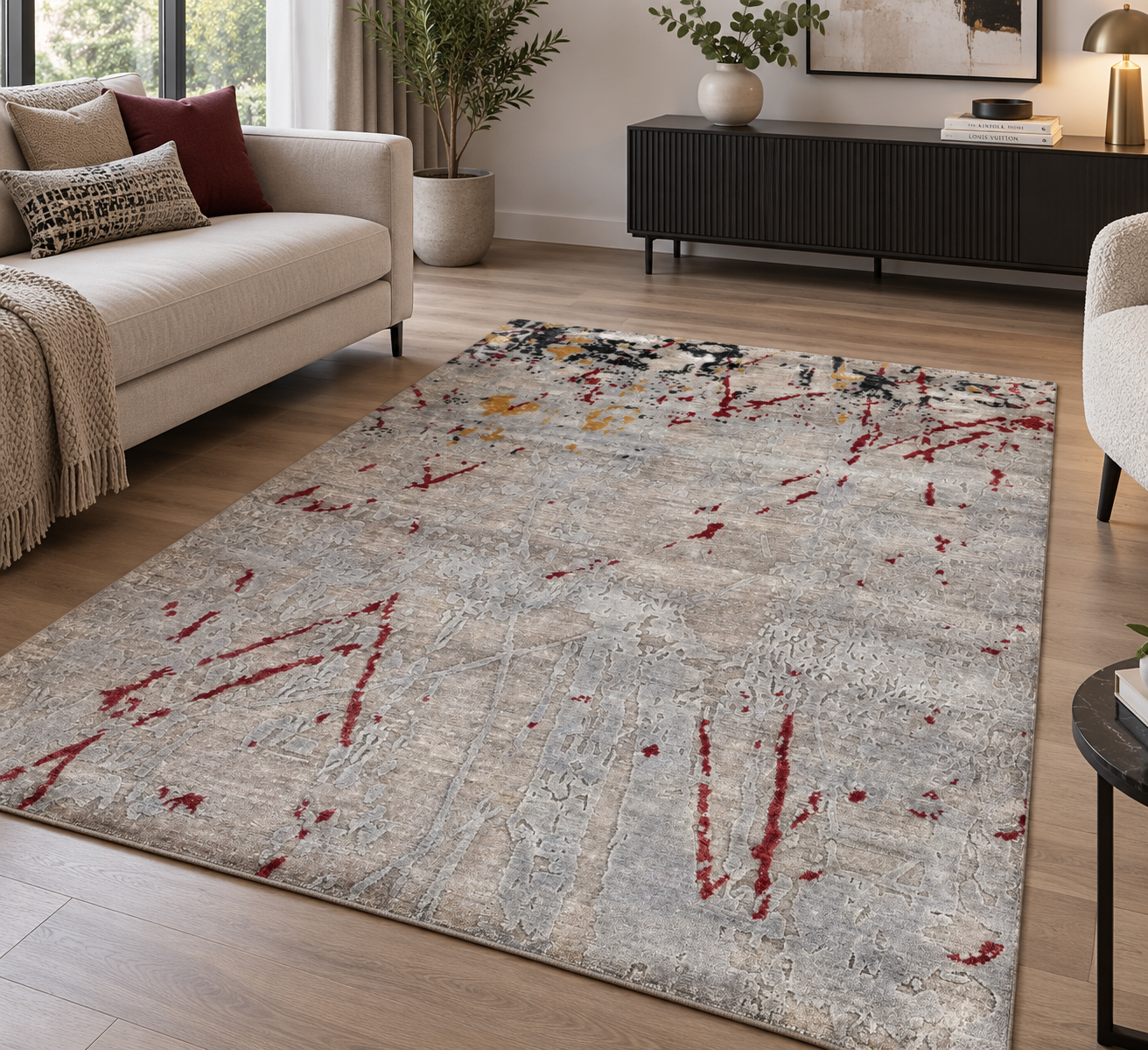 Tappeto Decor Bambù Seta 240x170 cm con motivo astratto nei colori grigio, rosso, oro e antracite