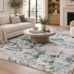 Tappeto handloom in Tencel 240x170 cm con motivo astratto verde, beige e grigio chiaro su fondo chiaro