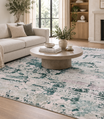 Tappeto handloom in Tencel 240x170 cm con motivo astratto verde, beige e grigio chiaro su fondo chiaro