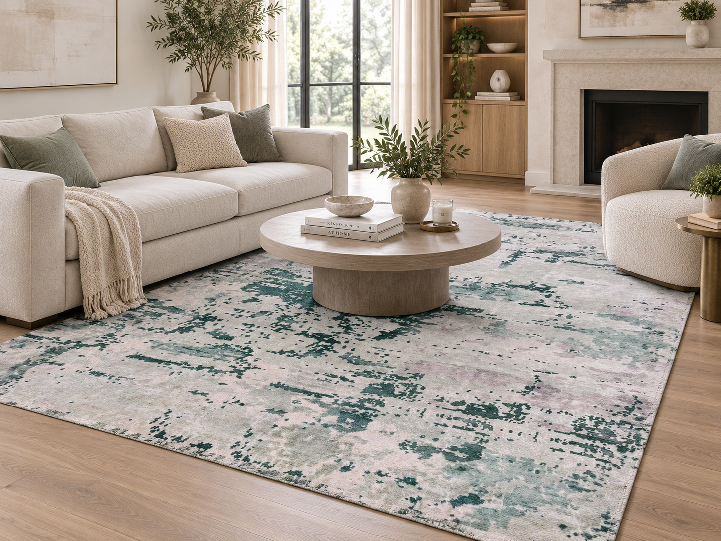 Tappeto handloom in Tencel 240x170 cm con motivo astratto verde, beige e grigio chiaro su fondo chiaro